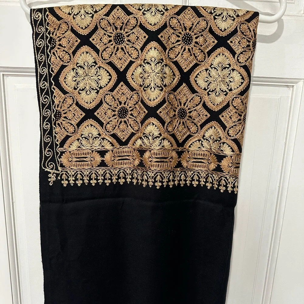Black Kashmiri Tilla Embroidered Pashmina Shawl | Gold Embroidered Wrap